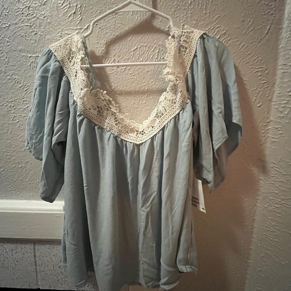 H&M Pale Blue Blouse with Lace Trim